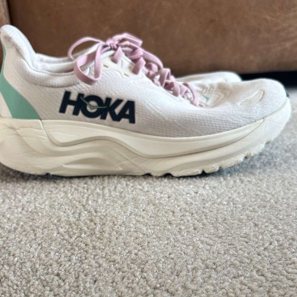 Hoka Women's Cream Running Shoes with Pink Laces and Mint Accents - Picture 3 of 5